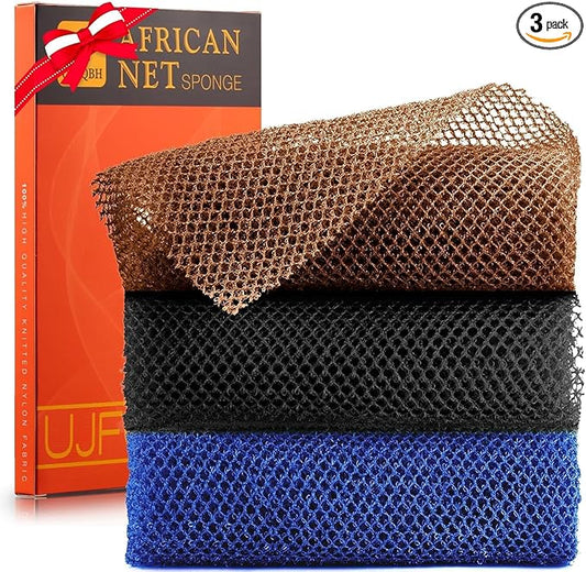 3 Pieces African Bath Sponge African Net Long Net Bath Sponge Exfoliating Shower Body Scrubber Back Scrubber Skin Smoother,Great for Daily Use (BlackγBlueγBrown)