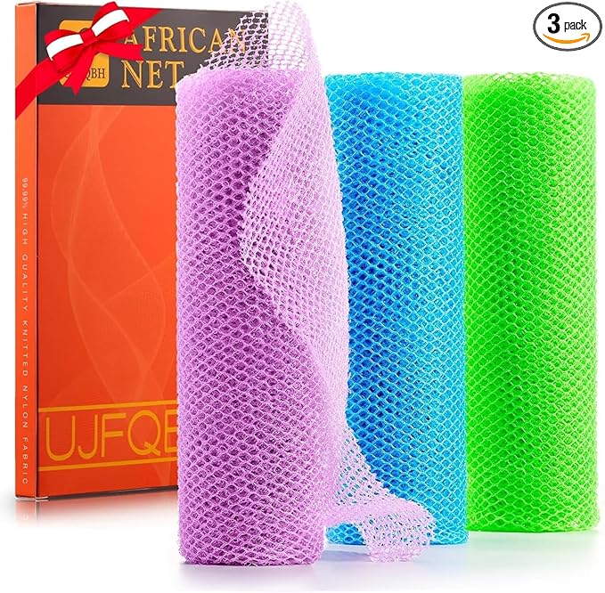 3 Pieces African Bath Sponge African Net Long Net Bath Sponge Exfoliating Shower Body Scrubber Back Scrubber Skin Smoother,Great for Daily Use (Pale Purple, Blue, Green)