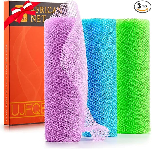 3 Pieces African Bath Sponge African Net Long Net Bath Sponge Exfoliating Shower Body Scrubber Back Scrubber Skin Smoother,Great for Daily Use (Pale Purple, Blue, Green)