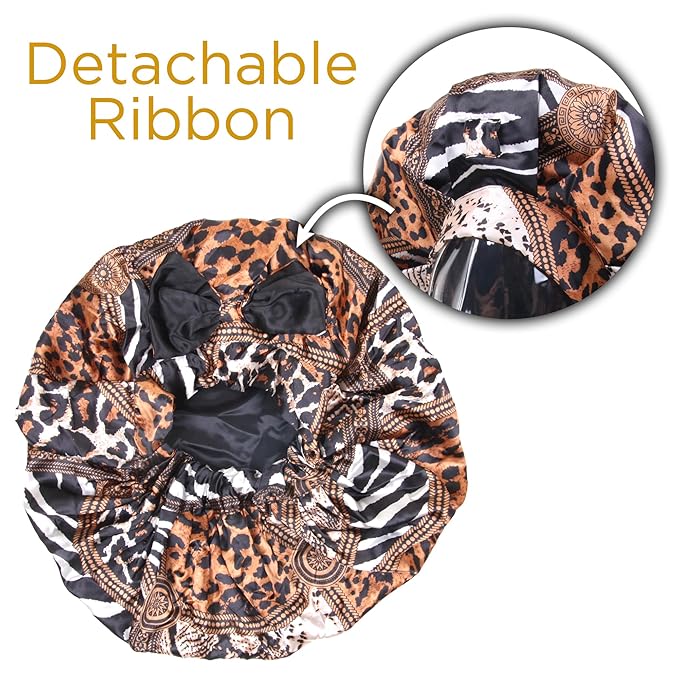 DONNA Jumbo Bow Ribbon Bonnet 1pc Satin Bonnet for Sleeping Removable Reversible Bow Ribbon for Women with Curly Hair, Crochet Hairstyles Silk Hair Accessories Shower Cap Multi Animal Pattern
