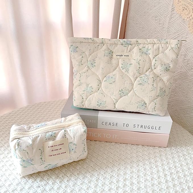 2 Pieces Floral Makeup Bag, Cute Travel Quilted Pouch Cosmetic Bag Organizer, Small Cotton Coquette Aesthetic Purse Toiletry Bag for Women Girls accessories (2PCS-Blue Floral)