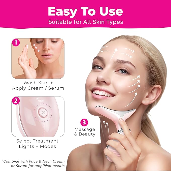 Red Light Therapy for Face - Neck Facial Massager - Beauty Face Lift, Microcurrent Facial Device, Lymphatic Drainage Massager, Double Chin Reducer, True Beauty Glow, luminesce, Gua Sha Tool - Pink