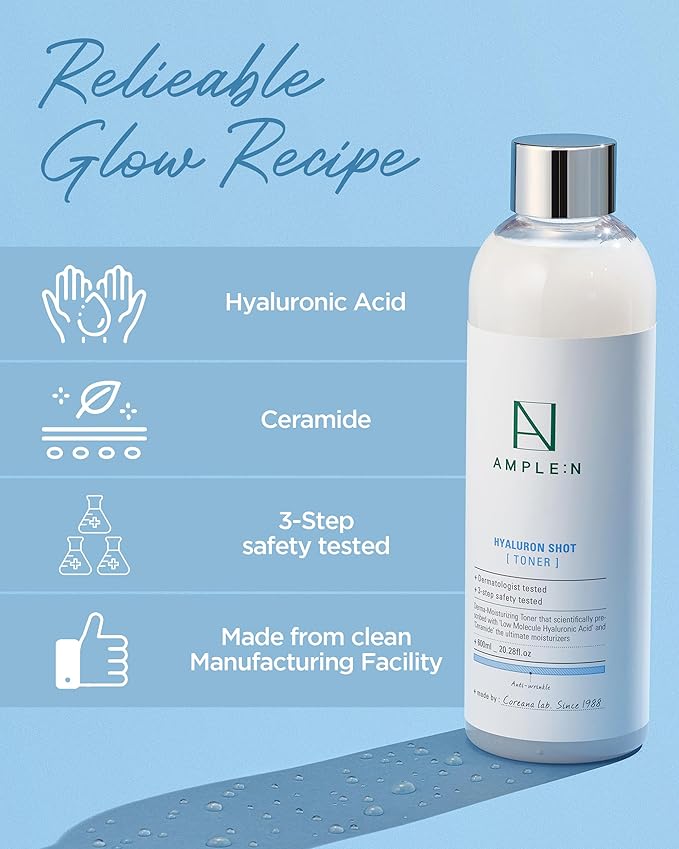 Ample:N Hyaluron Shot Toner β Korean Hyaluronic Acid and Ceramide Hydrating Face Toner - Moisturizing Essence for Minimizing Wrinkles β Dewy Healthy Glow Skin Booster for Dry Skin, 20.3 fl.oz.