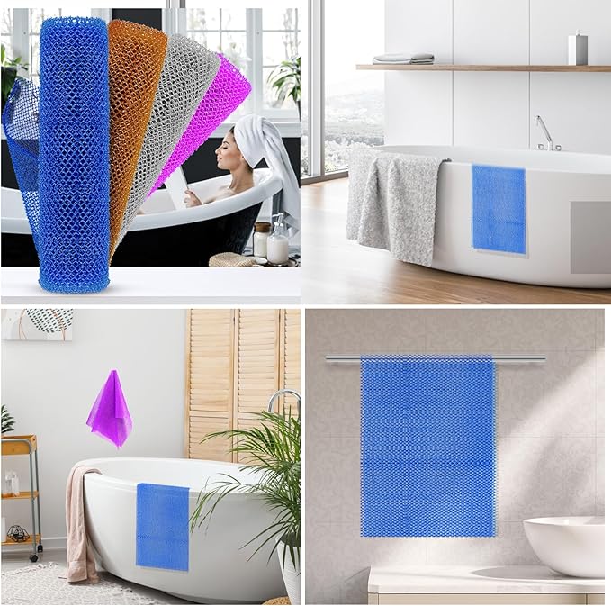 4 Pieces African Net Sponge – Deep Exfoliating Mesh Bath Scrubber for Silky Smooth Skin, Quick Drying & Long-Lasting, Great for Full Body & Back Scrubbing(Brown, Blue, Purple,Grey