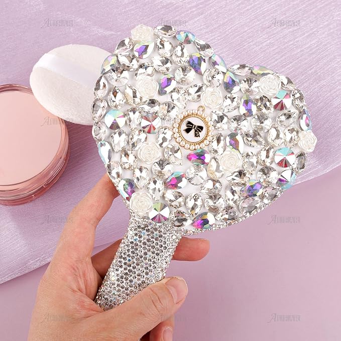 AUEAR, Rhinestone Handheld Mirror Bling Glitter Cosmetic Dazzling Portable Hand Mirrors with Handle for Women White Love Heart