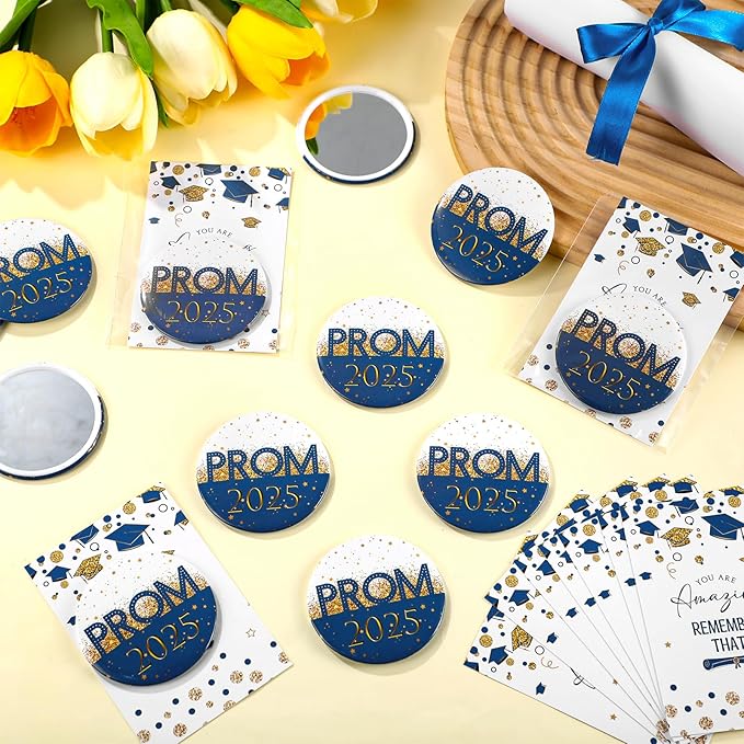 36 Sets Prom 2025 Graduation Party Favor Prom Compact Mirror for Her Him Inspirational 2025 Graduation Cards for Senior Night College Party Gifts(Blue Gold)