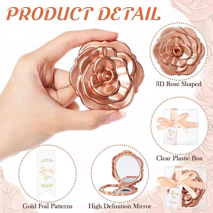 100 Set Rose Compact Mirrors Bulk Wedding Party Favors Including Rose Mirrors Thank You Tags Plastic Clear Boxes with Ribbons for Wedding Bridal Shower Party Guests Souvenir Gift