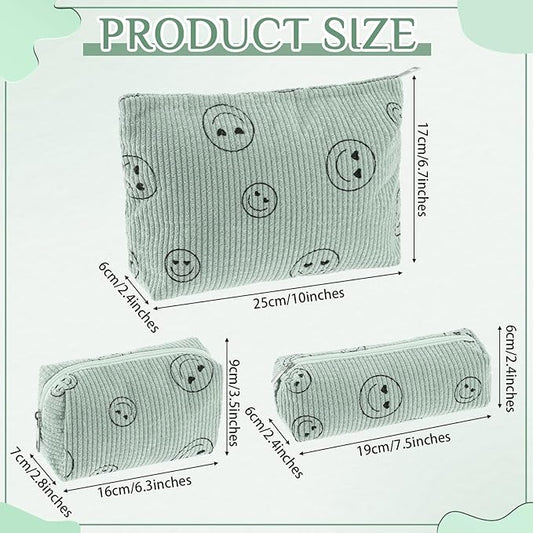 3 Pcs Makeup Bag Set for Women Corduroy Cosmetic Pouch Aesthetic Smile Travel Toiletry Bag Cute Purse Pouch Pencil Case Makeup Brushes Storage Organizer for Christmas(Green,Smile Face)
