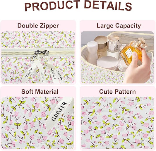 4Pcs Quilted Makeup Bag Set Cute Floral Cosmetic Bag Cotton Coquette Make up Bag Aesthetic Travel Toiletry Bag for Women Girls