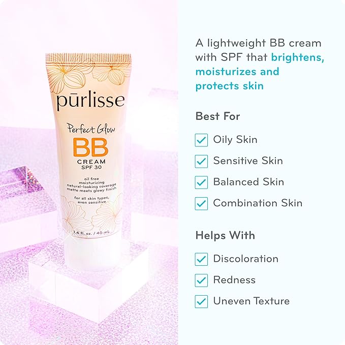 pΕ«rlisse Perfect Glow BB Cream with SPF 30 - Matte Meets Dewy Finish - Enriched with Goji & Hawthorn Berry to Help Improve Skin Texture & Radiance - Tan Deep (1.4 oz)