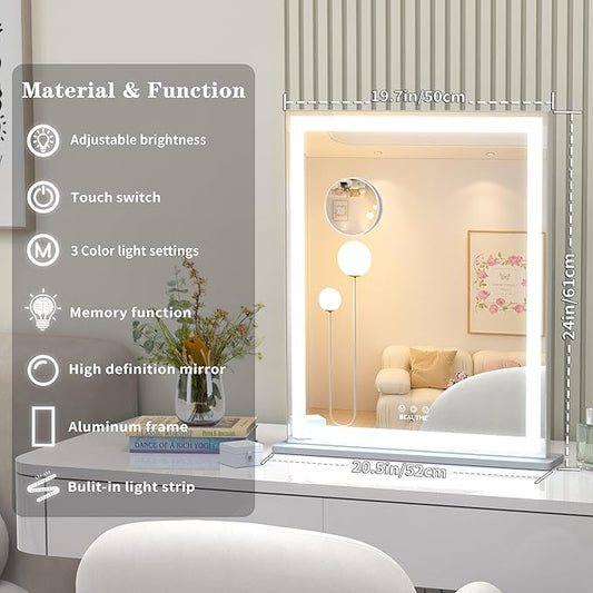 ANYHI Vanity Mirror with LED Light, 24"x20.5" Lighted Vanity Mirror with 10X Magnifying, 3 Color Modes, Dimmable, Smart Touch Control, Aluminum Frame, Tabletop/Wall Mount, Silver