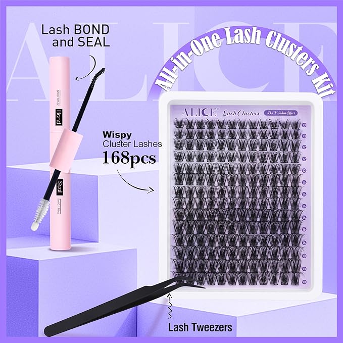 ALICE Lash Clsusters Kit Wispy Eyelash Clusters Kit Cluster 10-18mm Natural Eyelash Extension Kit 168pcs Thin Band Individual Lashes Kit with Lash Glue Bond and Seal DIY at Home