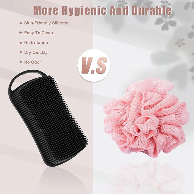 VOCOSTE Silicone Body Scrubber, 2 in 1 Body Brush Hair Scalp Massager, Soft Body Scrubbers for Use in Shower, Lathers Well Exfoliating Body Scrubber for All Skin Types, Black