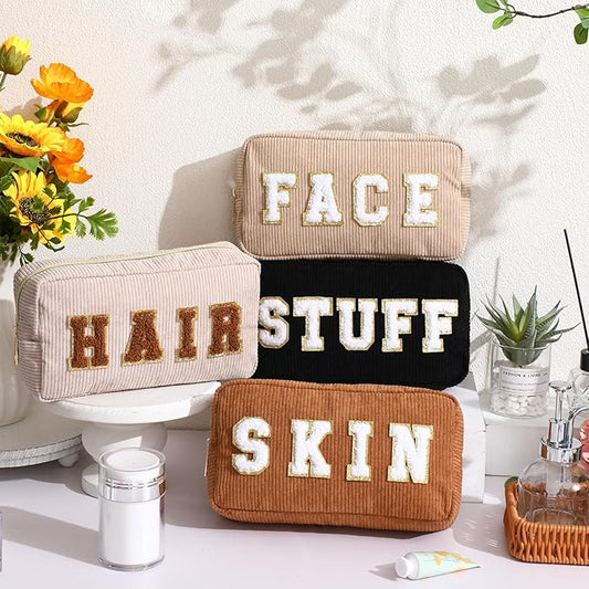 4 Pcs Preppy Patch Makeup Bag Corduroy Cosmetic Bag Makeup Accessories Skincare Pouch Chenille Letter Portable Zipper Face Pouch Cute Toiletry for Women Travel(Dark Color)