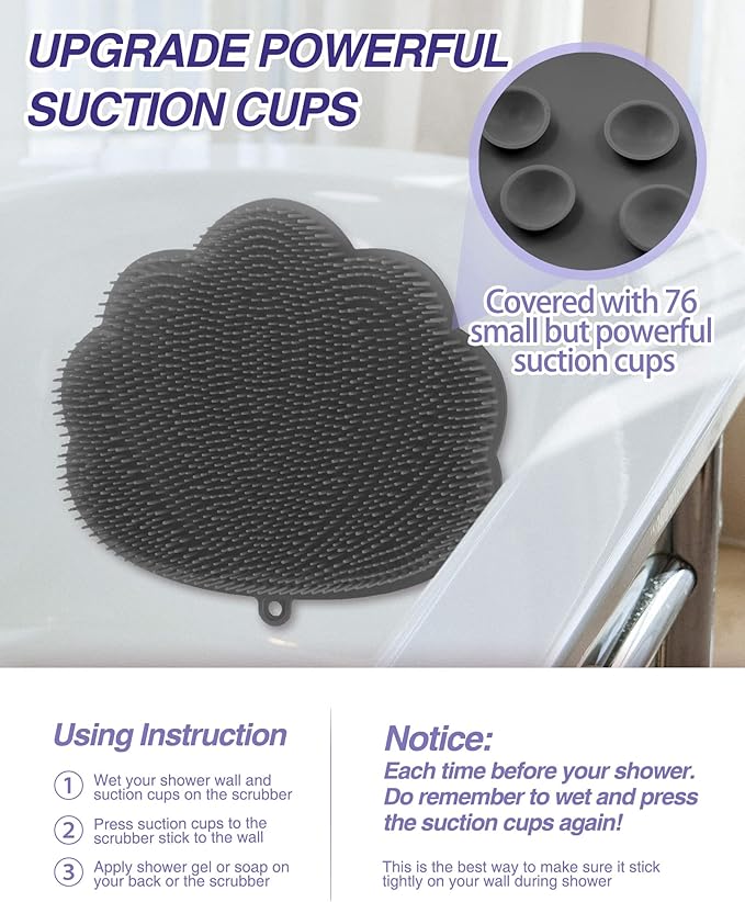 Manmihealth Upgrade Shower Foot Massager Scrubber & Bath Glove Set(2 PCS), Hands-Free Back Scrubber for Shower, Wall-Mounted Shower Brush with Body & Face Scrubber and Free Adhesive Hook. (Gray)