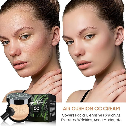 Air Cushion CC Cream Foundation - Mushroom Head BB Cream Face Makeup Moisturizing Concealer Brighten Long-Lasting, Even Skin Tone for All Skin Types (Natural, 1 PCS)