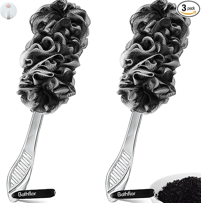 Loofah Sponge Exfoliating Body Scrubber,Loofahs with Handle: 2PCS Long Handle Loofa Back Scrubber, 1PCS Luffa Hook, Charcoal Loofah Pack for Women Men Bath Wash, Black