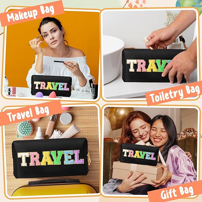 CY2SIDE TRAVEL Letter Makeup Bag - Colorful Chenille Letter Patch Cosmetic Bag Black PU Leather Patch Pouch Waterproof Portable Zipper Travel Organizer Christmas Idea Gifts for Women Girls, Black