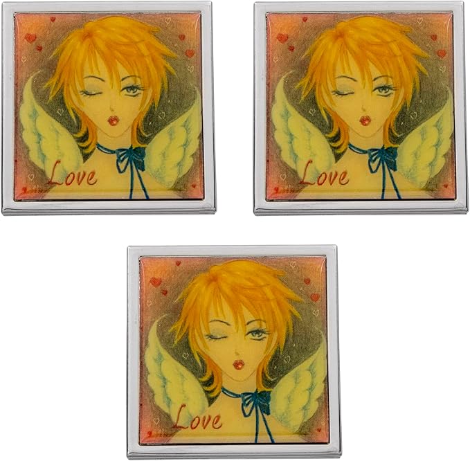 Stephanie Imports Set of 3 Double Sided Magnifying Compact Slim Mirrors with Printed Insert (Anime Love, Square)