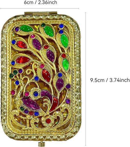 1PC Vintage Lateral Tail Peacock Pattern Cosmetic Makeup Pocket Purse Magnification Jewel Mirror (Rectangle)