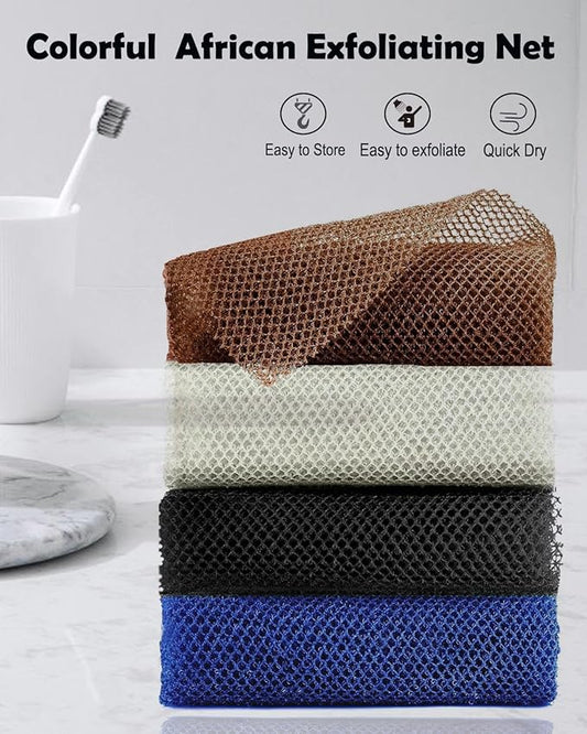 4 Pieces African Exfoliating Net Sponge, 33 inch Long Bathing Sponge Shower Body Scrubber Net for Back Skin Smoother, Daily Use (Black/Blue/Brown/Beige)