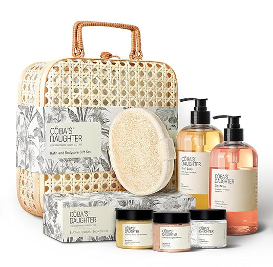 COBA’S DAUGHTER Luxury Spa Gift Set – 7-Piece Bath & Body Set with Rattan Case, Body Wash, Bubble Bath & Scrub – Premium Holiday, Birthday, housewarming, bridal shower & Self-Care Gift