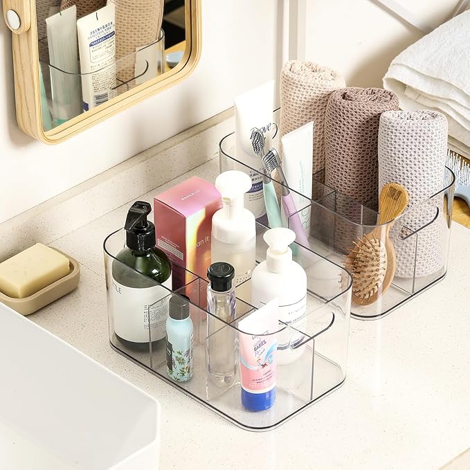 5-Compartment Clear Plastic Bin - Divided Art Supplies, Cosmetic Makeup Caddy Organizer - Multiuse Storage Container for Vanity, Bathroom, Kitchen, Office, Craft, Shower, Cleaning Items, (4 Pack)