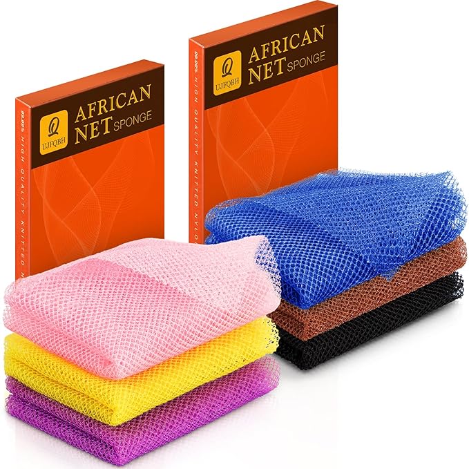 UJFQBH 3 Pieces African Bath Sponge African Net Long Net Bath Sponge Exfoliating Shower Body Scrubber Back Scrubber Skin Smoother,Great for Daily Use (Pink,Yellow,Purple,Black,Blue,Brown)