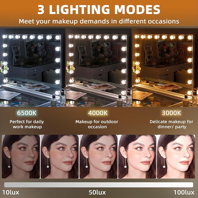 Misavanity Large Vanity Mirror with Lights 31.40’’ x 23.40’’ Tempered Galss Speaker Lighted Hollywood Mirror with 18 LED Dimmable Bulbs 3 Lighting Modes USB Charging Port and 10X Magnification, White