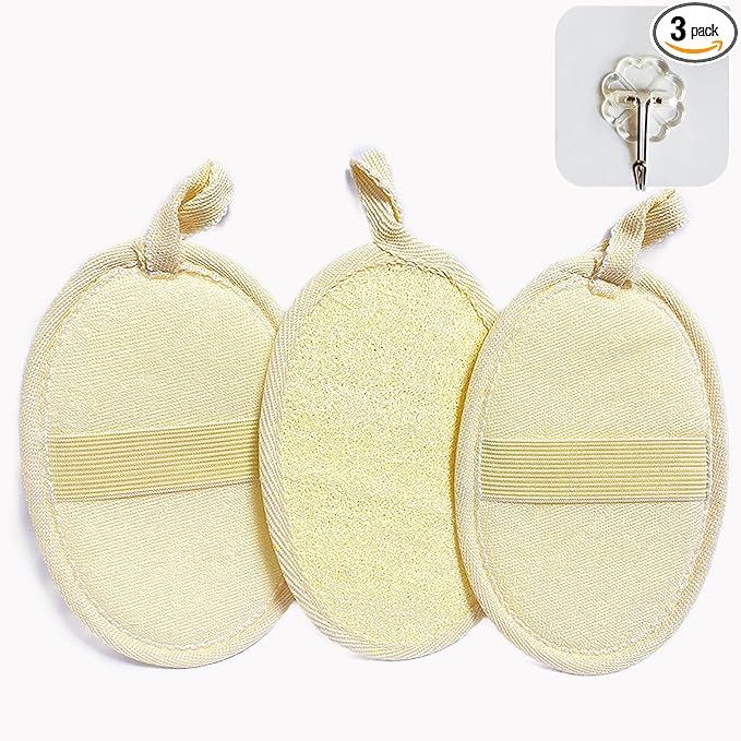(3 PCS) Natural Loofah Sponge Exfoliating Body Scrubber,Made with Eco-Friendly and Biodegradable Shower Luffa Sponge, Loofah for Women and Men,with Rust-Proof Hook, Beige,11x16cm