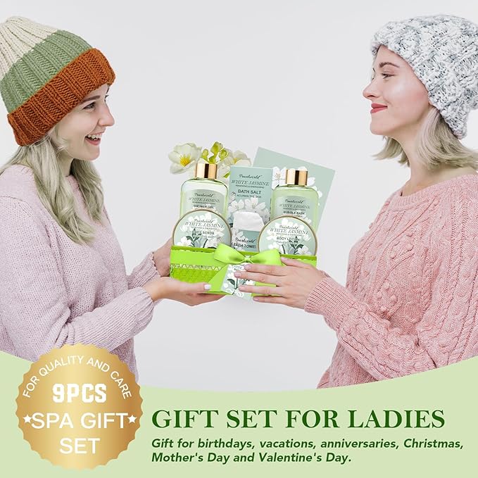 Bath Gift Baskets for Women, 9pc Jasmine Spa Gifts Set for Women, Self Care & Body Relaxing, Birthday Gift Basket, Mother's Day Gifts, Christmas, Anniversary Bath Gift Set