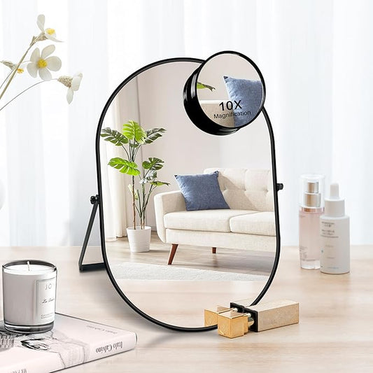 Desk Mirror, Tabletop Vanity Mirror, 360°Adjustable Rotation Vintage Metal Framed Table Mirror with Stand and 10X Magnifying Room for Living Room, Bedroom, Tabletop, Bathroom (Black Oval)