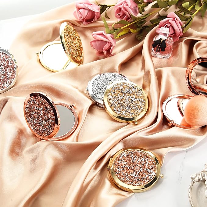 Cindeer 100 Pcs Small Compact Mirror Folding Pocket Makeup Round Hand Held Cosmetic Magnifying Compact Rhinestone Mirror with 1X/2X Magnification for Women Girls Travel (Vintage Colors)
