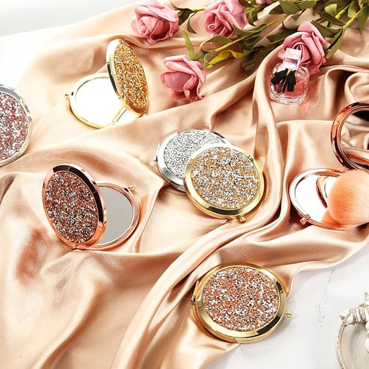 Cindeer 100 Pcs Small Compact Mirror Folding Pocket Makeup Round Hand Held Cosmetic Magnifying Compact Rhinestone Mirror with 1X/2X Magnification for Women Girls Travel (Vintage Colors)