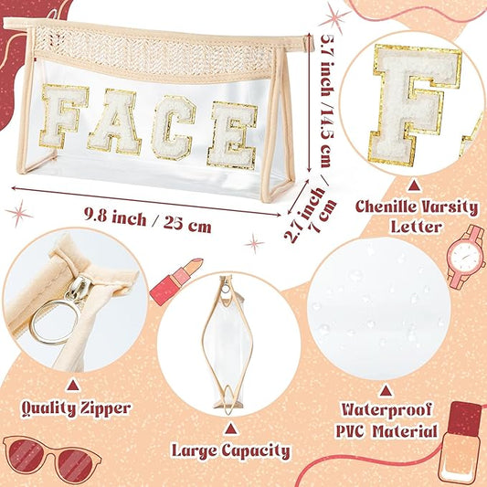 Boho Patch Face Cosmetic Bag - Summer FACE Chenille Varsity Toiletry Makeup Bag Beige Letter Clear Waterproof Travel PVC Zipper Clutch Daily Use Purse Summer Beach Pool Pouch for Women Girl