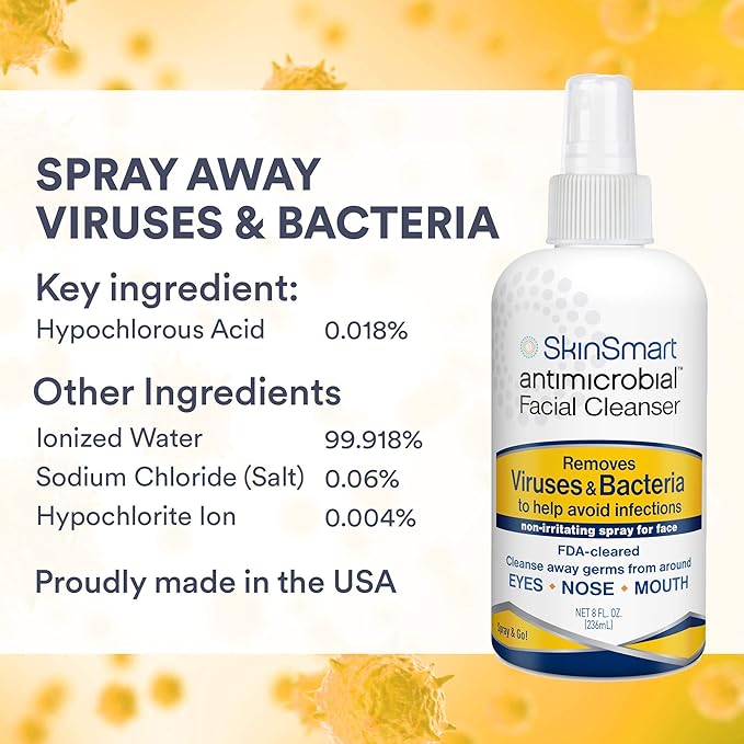 SkinSmart Antimicrobial Facial Cleanser Spray to Remove Viruses and Bacteria Around Eyes, Nose and Mouth, Fight Maskne, 8 oz Spray Non-Irritating Hypochlorous Acid