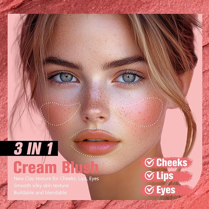 Heart-Shaped Cream Blush for Cheeks & Lips β 2-in-1 Tinted Lip and Cheek Balm Kit with Mini Brush β Blendable Dewy Blusher Face Makeup for Women, Portable Compact for Travel & On-the-Go Touch Ups 06