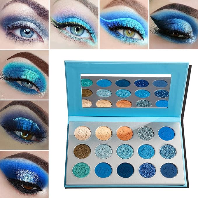 Afflano Blue Eyeshadow Palette Matte Shimmer, Highly Pigmented Waterproof Space Blue Eye Shadow Palette, Navy Silver Blue Glitter Eyeshadow Pallet for Christmas Snowflake Blue Eyes Makeup