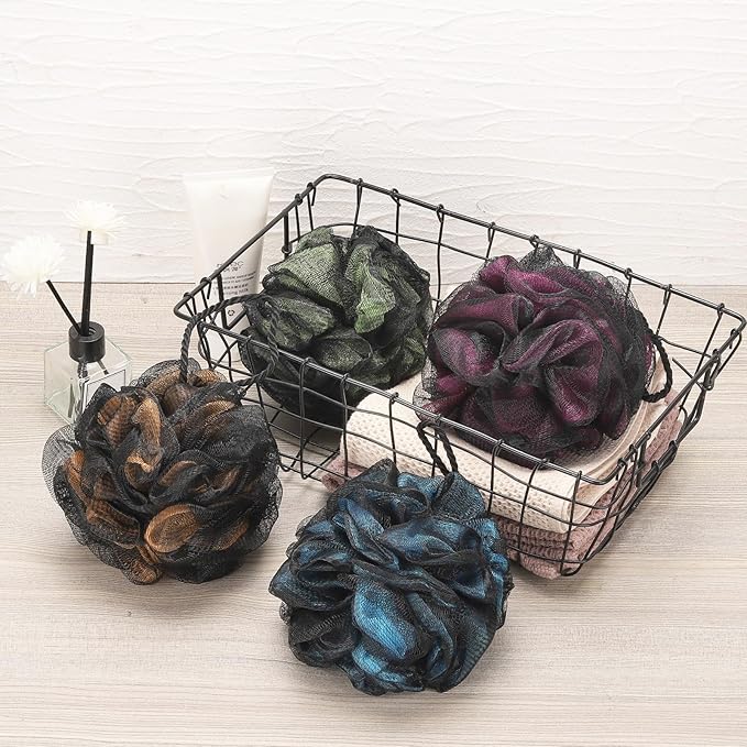 Loofah Bath and Shower Sponge Pouf, Mesh Brush Ball Exfoliating Body Scrubber Ball Pack of 4 (60g/pcs)