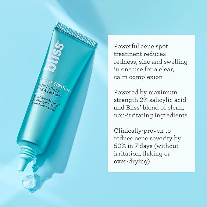 Bliss Clear Genius Acne Spot Treatment β Maximum Strength 2% Salicylic Acid Shrinks Blemishes β Clean, Vegan, Cruelty-Free, 0.5 Fl Oz
