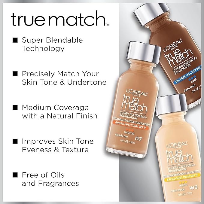 L’Oréal Paris Makeup True Match Super-Blendable Liquid Foundation, Porcelain W1, 1 Fl Oz,1 Count