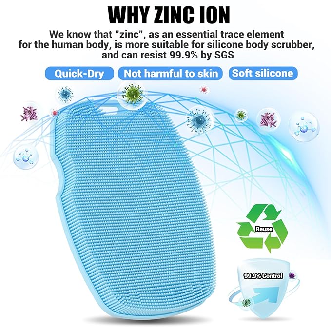 Silicone Body Scrubber - Zinc Infused-Highly Elastic Bristles Exfoliating Body Scrubber for Shower Body,Cellulite Reduction,Blood Circulation - Azure