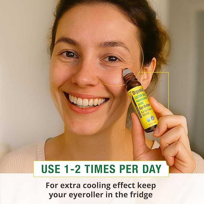 Seven Minerals Castor Oil Roll On Eye Roller for Under Eye Bags, Dark Circles & Wrinkles - Powerful Organic Blend of Castor, Frankincense & Jojoba - Brighten, and Revitalize Skin & Face - 0.33 fl oz