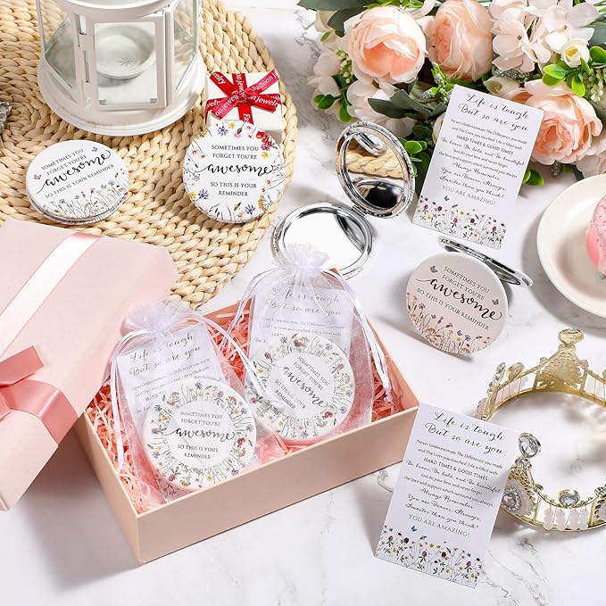 Geetery Inspirational Compact Mirror Gifts for Women Bulk Small Flower Makeup Pocket with Card Bag Double Sided Folding Mirror for Purse CNA Week Wedding Return Bridal Shower, 4 Styles(12 Sets)