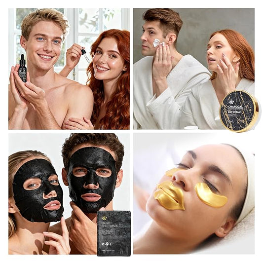 Charcoal 23 Pcs Skin Care Set for Women & Men, Bath and Body Kit, Spa Gift Baskets, Birthday Gifts, Cream, Serum, Face Oil, Sheet Mask, Clay Mask, Bath Bombs, Christmas, Valentines, Mother Day, Dad