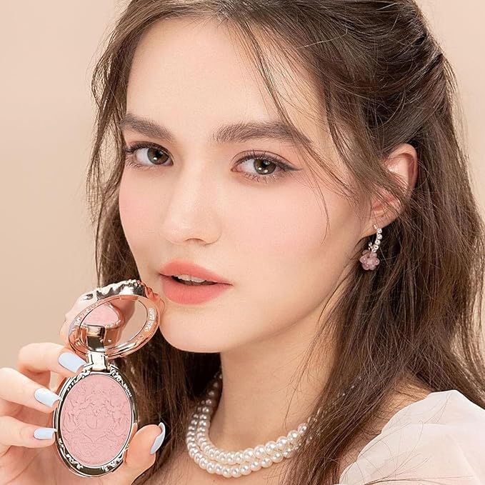 Flower Knows Strawberry Rococo Embossed Blush;Peach Matte Finish;Buildable & Blendable Powder Blush for cheeks,Natural Flush for All Skin Tones(01 Angel Chanson,5g)