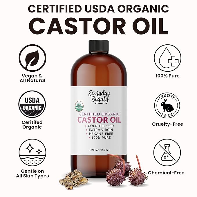 Organic Castor Oil - 100% Pure Certified USDA Organic, Cold Pressed & Hexane-Free, For Eyelashes, Eyebrows, Hair, Skin & Wellness Packs - 32 Fl Oz