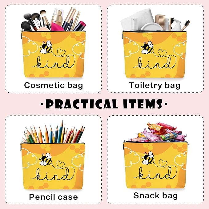 Yellow Bee Kind Inspirational Makeup Bag Cosmetic Bag for Women, Cute Yellow Accessories, Bee Themed Gifts, Ideal Return Birthday Gifts for Women. (082)