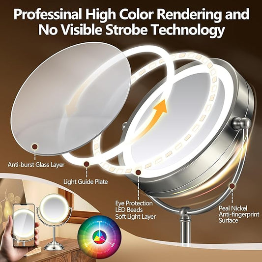 20x Large Lighted Makeup Mirror, Rechargeable 8.6" Magnifying Makeup Mirror, 30-Minute Timer,3 Color Modes, Adjustable Brightness, No Assembly Required, 360Β° Rotation Cosmetic Mirror, Pearl Nickel