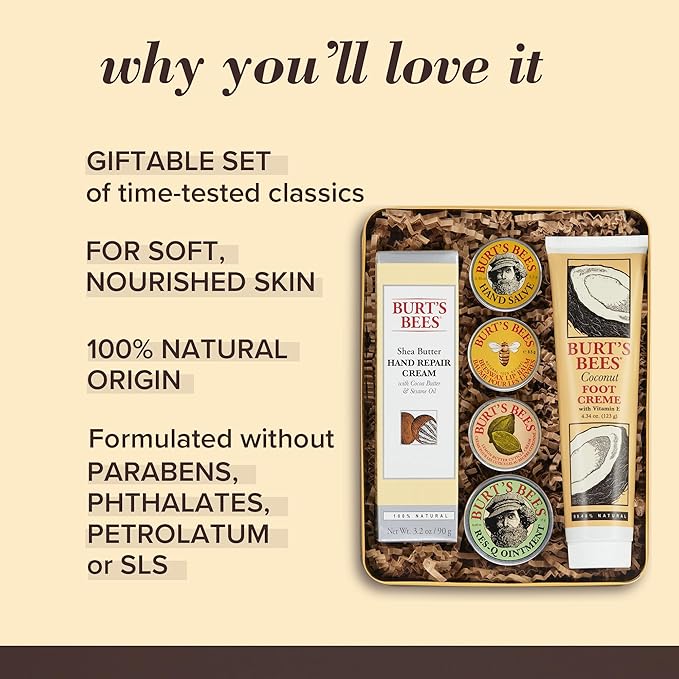 Burt's Bees Gifts Ideas - Classics Set, 6 Products in Giftable Tin β Cuticle Cream, Hand Salve, Lip Balm, Res-Q Ointment, Hand Repair and Foot Cream